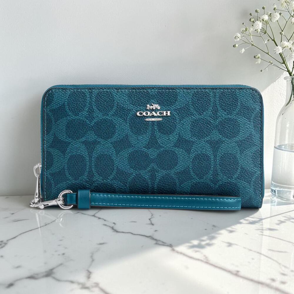 Coach CW778 Long Zip Wallet Signature Canvas Silver/Aquamarine Blue NWT